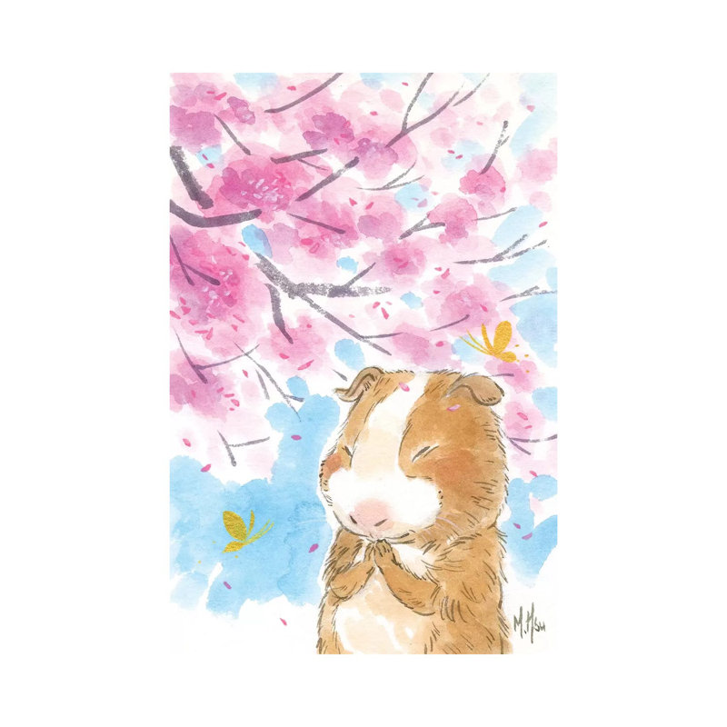 Cherry Blossom Guinea Pig by Martin Hsu - Painting on Canvas, 20.32 cm H x 30.48 cm W, Wrapped Canvas