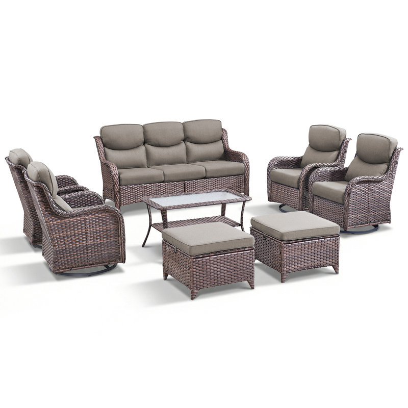 Ensemble de conversation d'extérieur en osier 8 pièces avec chaises pivotantes et table basse 8 pièces, Gris, Brun