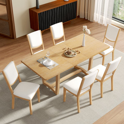 7 - Piece Extendable Dining Set, Rectangular Oak Veneer Dining Table with Removable Leaf, 6 Upholstered Chairs, Modern Farmhouse, Dining Room
