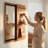 Full-Length Mirror With Storage Shelf And Hooks Multi-Functional Wall-Mounted Mirror With Panel Design Suitable For Bedrooms/Living Rooms/Entryways Cherry Wood Finish