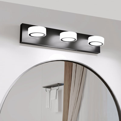 With Led Light Function 21" Length Vanity Light Fixture With White Round Acrylic Material Lampshades Material 3 Light With In Black Finish Metal Material Base For Bathroom Use With Wall Mount Installation