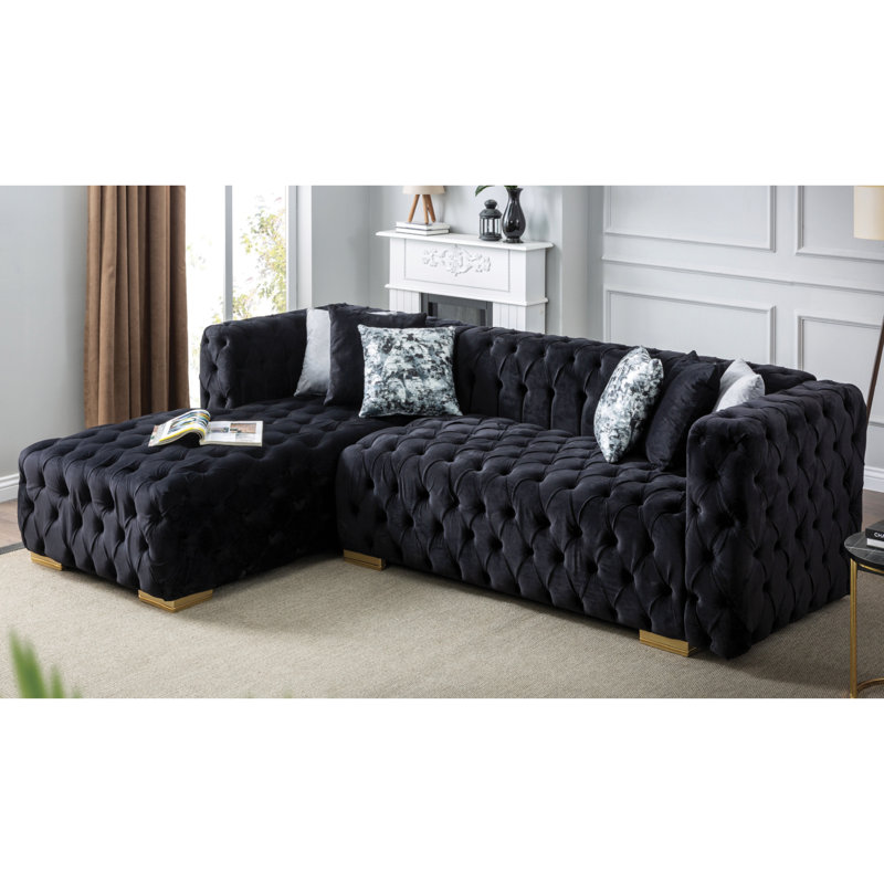 Canapé et méridienne de 104 po de large Vansh, Velours noir