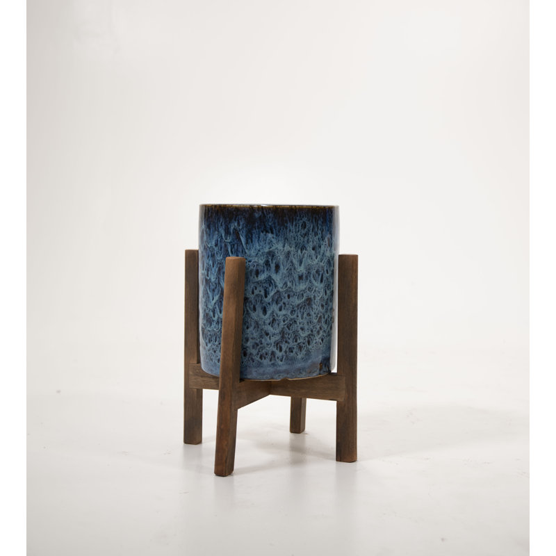 Wood Pot Planter, Peacock Blue/Walnut, 5.7" H x 5.5" W x 5.5" D