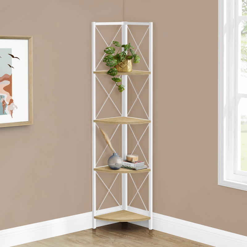 Bookshelf, Bookcase, Etagere, Corner, 4 Tier, 60"H, Office, Bedroom, Laminate, Metal, Contemporary, Modern, Natural