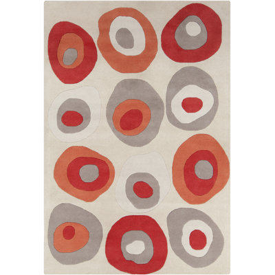 Tapis géométrique en laine touffeté à la main rouge, orange et gris foncé Billerica
