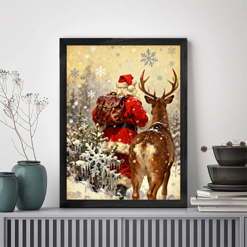 Père Noël rétro noir encadré avec art mural de style rétro, H 17 po x l 13 po