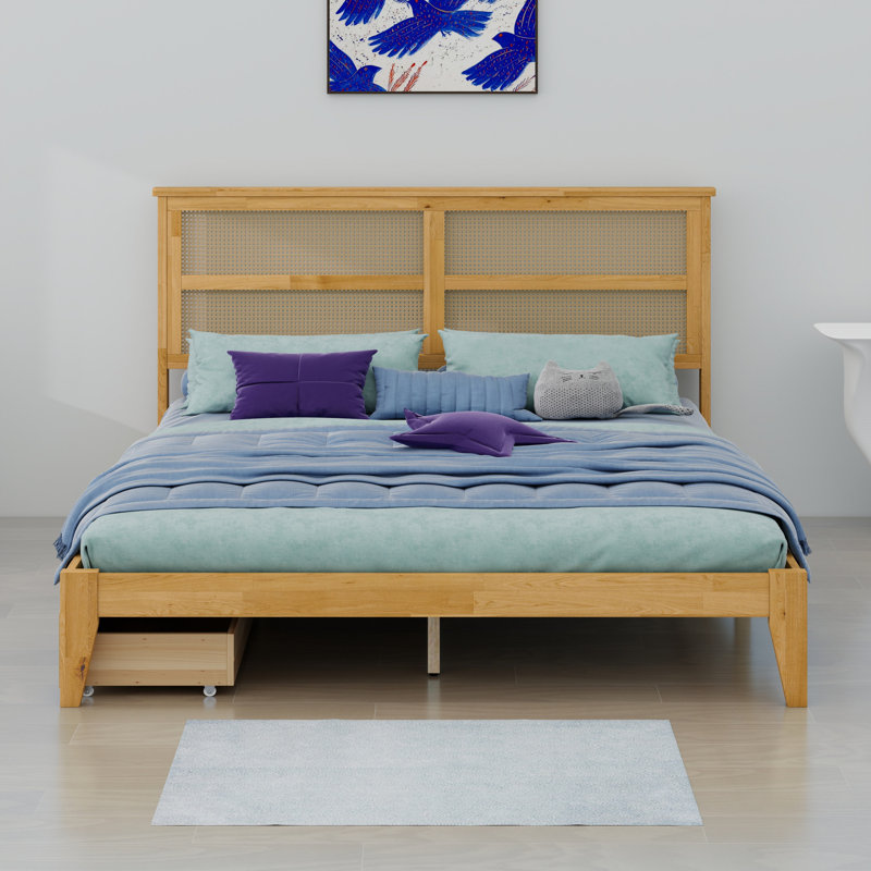 Lit en bois avec tête de lit en rotin et deux tiroirs de rangement, Chêne blanc