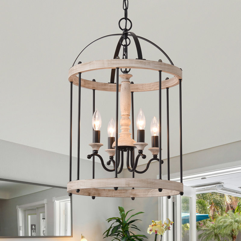 Lustre lanterne rustique en bois à 4 lumières, suspension en cage pour salle à manger, îlot de cuisine, entrée ou hall d'entrée.