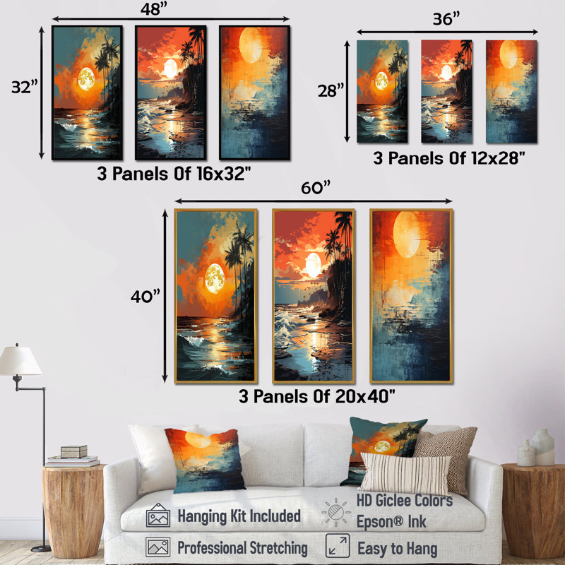 «Sunset Strip At Coastal Paradise I», ensemble de 3 reproductions d'art sur toile, Cadre flottant noir, H 28 po x l 36 po