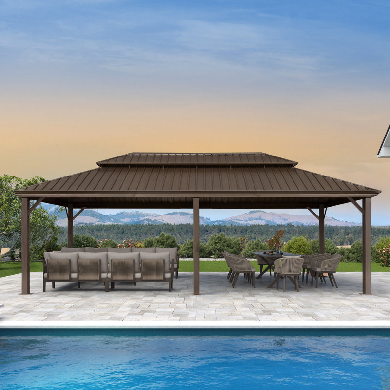 Large Gazebo With Galvanized Steel Roof Outdoor Permanent Hardtop Gazebo, 10.5 Ft. H x 14 Ft. W x 24 Ft. D