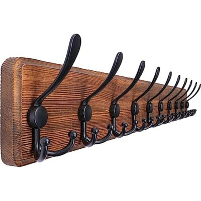 Rustic Coat Rack Wall Mount, 10 Hooks, 38.6'' Long, Solid Wood,Brown | Rustic finish, 100 lb capacity, entryway bedroom mudroom, wall mount, 16" stud spacing, hardware included, rustproof hooks