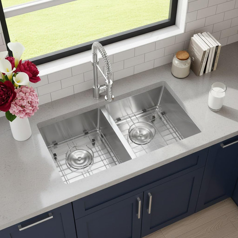 Double Bowl Undermount Kitchen Sink, Stainless Steel with Brushed Finish, 33 × 19 × 10 in., 2.0mm Rim & 1.0mm Bowl Thickness, Modern Kitchen