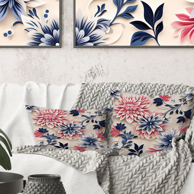 Coussin décoratif imprimé floral bleu, rose et blanc, H 16 po x l 16 po