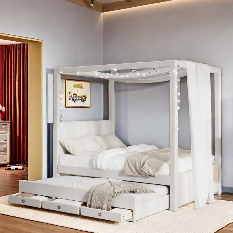 Lit plateforme à baldaquin avec lit gigogne et trois tiroirs de rangement, Double, Beige