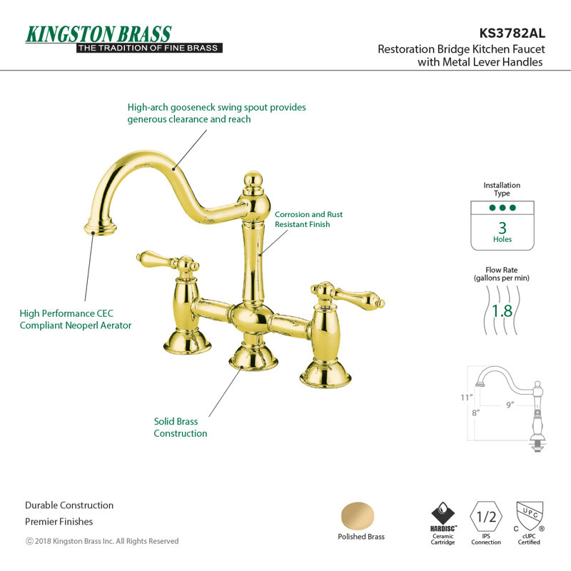 Kingston Brass Restoration Two-Handle Deck Mount Bridge Kitchen Faucet, Polished Brass, Without Side Spray