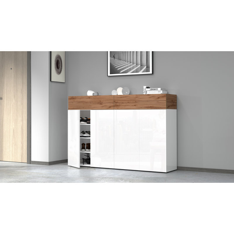 32 Pair Shoe Storage Cabinet, White/Brown Wood