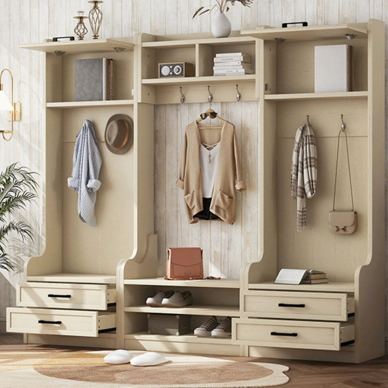 4-In-1 Detachable Hall Tree With Storage, Hooks, And Shoe Bench For Entryway And Hallway Organization, Beige