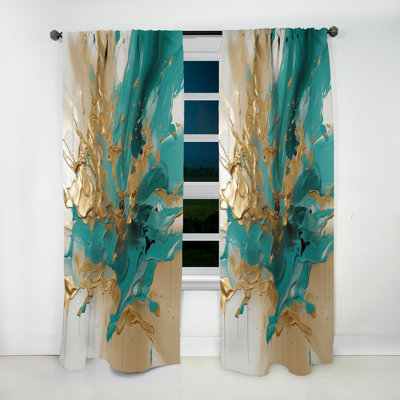 Olliveri - Gold And Turquoise Marble Fluid Ink - Modern Curtain - Velvet Room Darkening - 1 panel