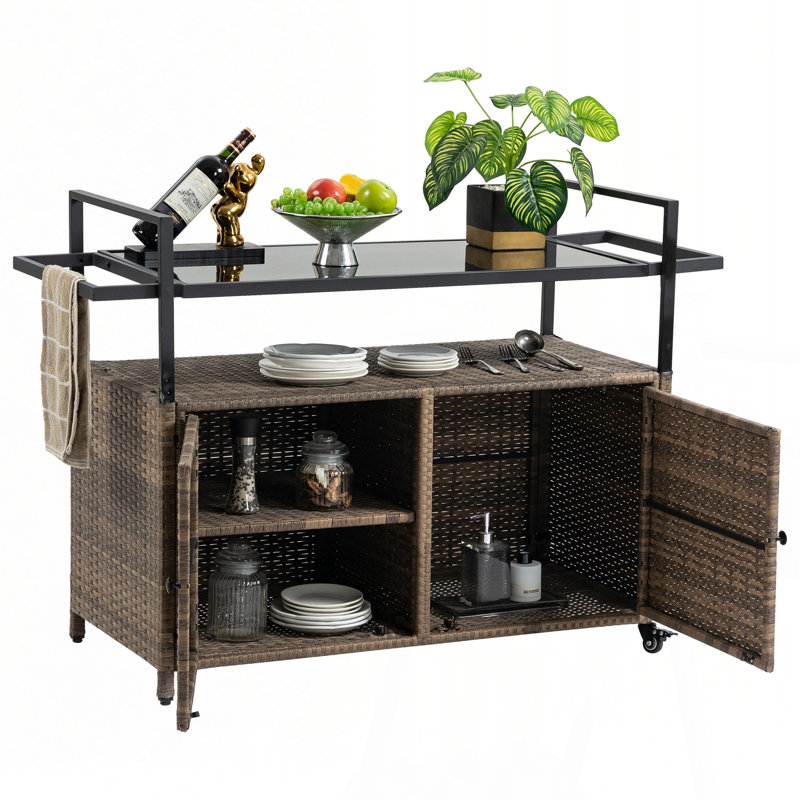 Outdoor Wicker Bar Cart, Patio Wine Serving Cart w/Wheels , Rolling Rattan Beverage Bar Counter Table w/Glass Top for Porch Backyard Garden Poolside Party, Light brown
