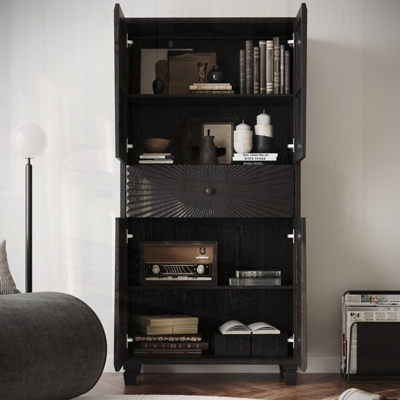 Armoire haute à 4 portes avec portes en bois 3D creuses et 1 tiroir pour un rangement élégant dans les espaces de vie, de salle à manger et d'entrée
