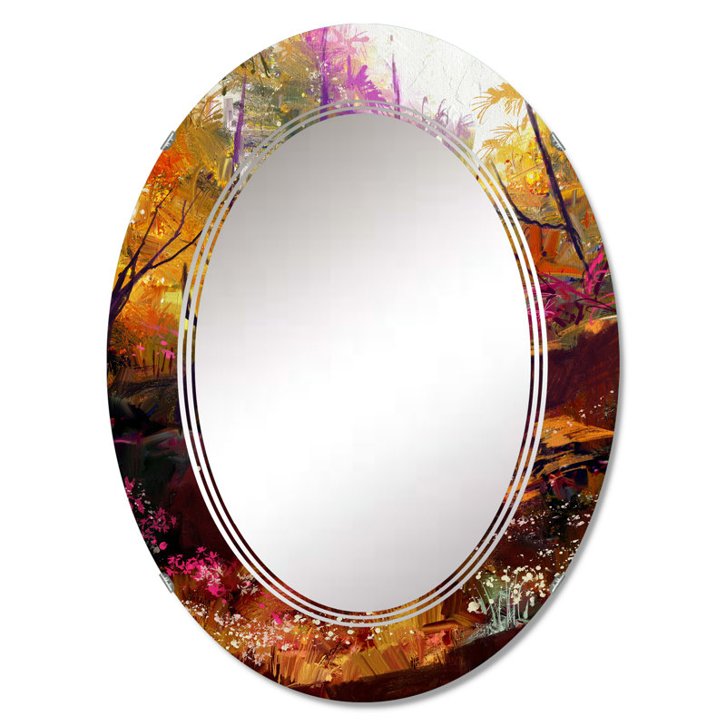 Magnifique forêt d'automne avec lumière du soleil - miroir mural traditionnel ovale, 30 po x 20 po