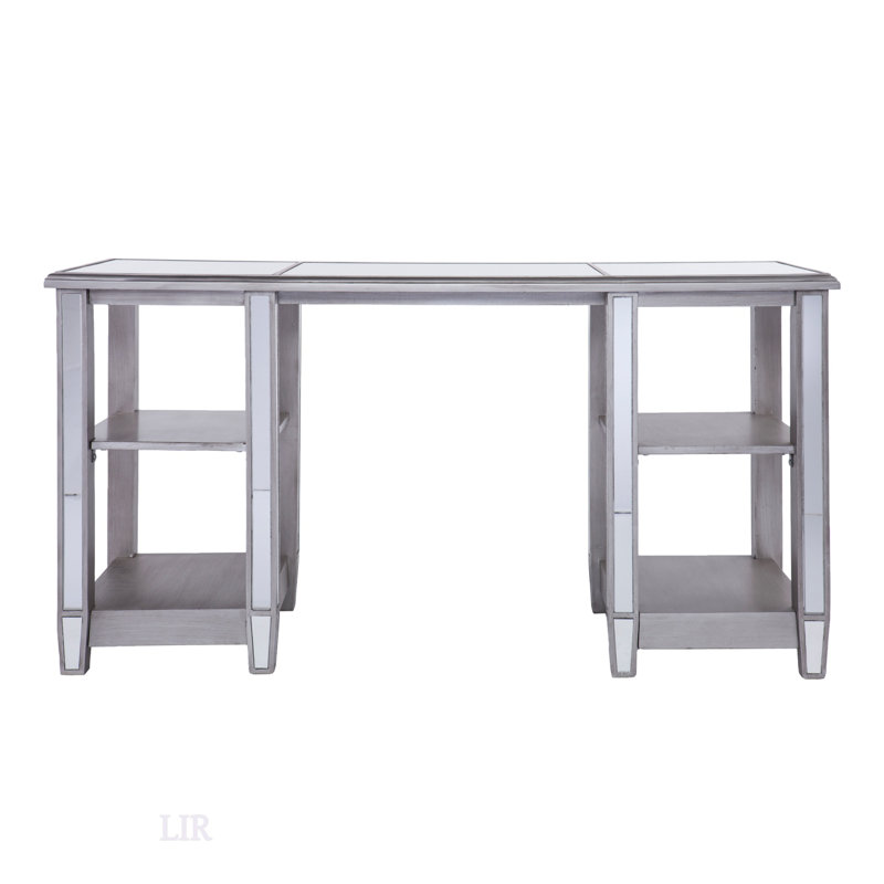 Bureau à miroir Wedlyn de style glamour, finition argent brossé mat et tablettes ouvertes pour un rangement élégant et une utilisation multifonctionnelle