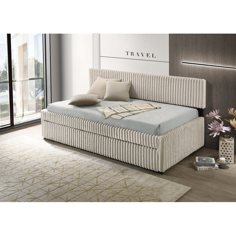 Twin Day Bed With Trundle In Corduroy Velvet, Cream