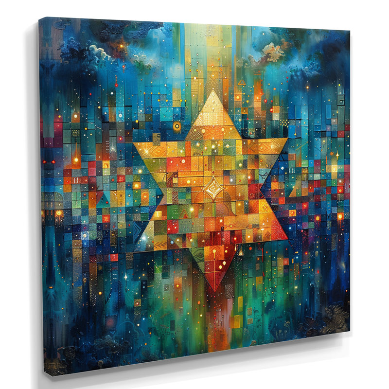 Yellow Hexagram On Geometric Cubist Galaxy - Geometric Wall Art Decor, Wrapped Canvas, 16" H x 16" W x 1" D