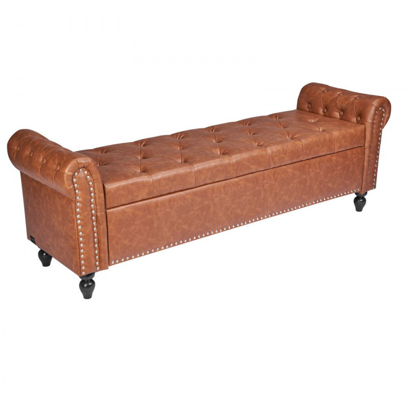 Banc avec repose-pieds capitonné et capitonné à boutons, Brun