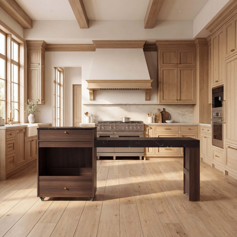 Îlot de cuisine 78,8 po avec table de salle à manger extensible à 3 niveaux, Noyer