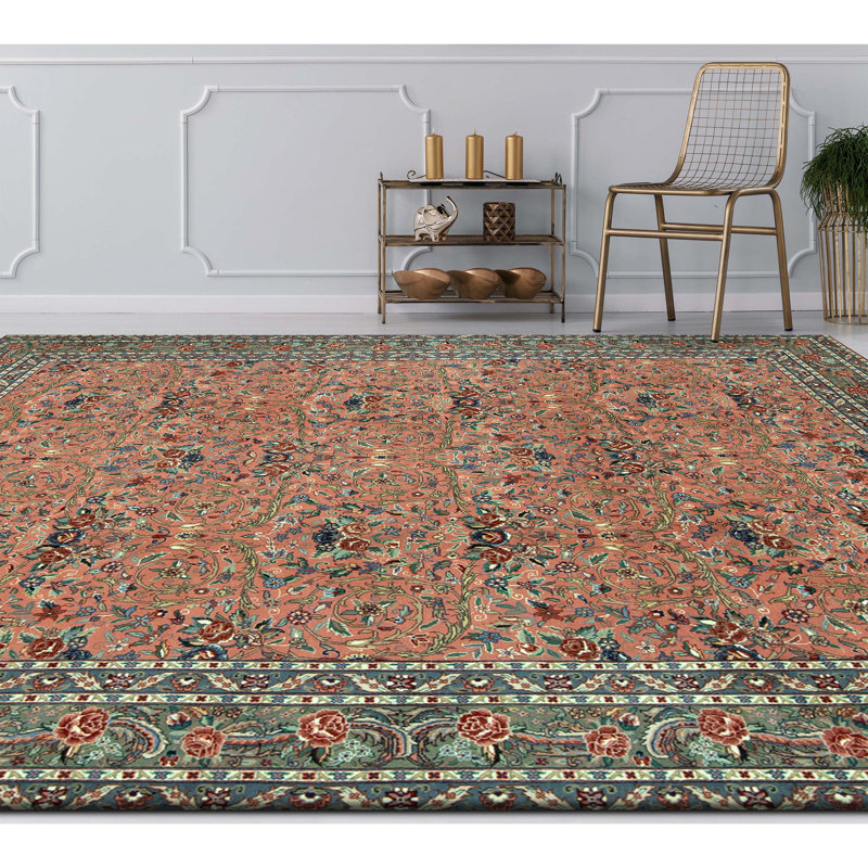 Tapis rose et vert noué à la main de haute qualité