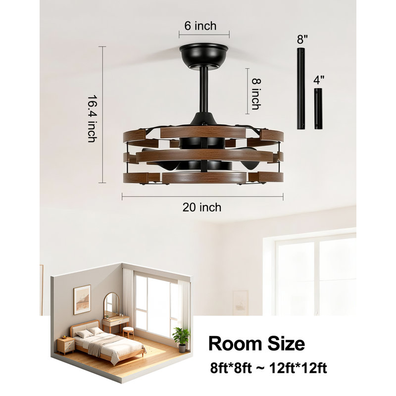 20" Caged Ceiling Fan with Lights, Farmhouse Fandelier with Remote, Dark Walnut