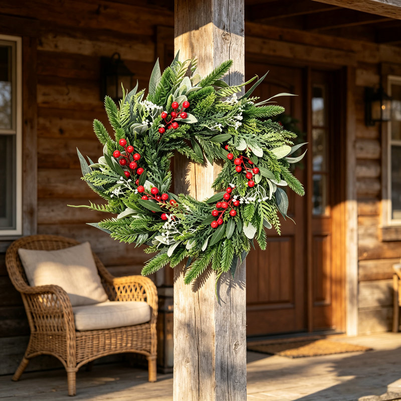 Couronne de Noël artificielle de 50 cm (19,69 po) avec oreilles d'agneau et cèdre, fausse couronne d'hiver suspendue avec baies rouges pour la décoration de porte d'entrée, style champêtre, pour les fêtes de fin d'année.