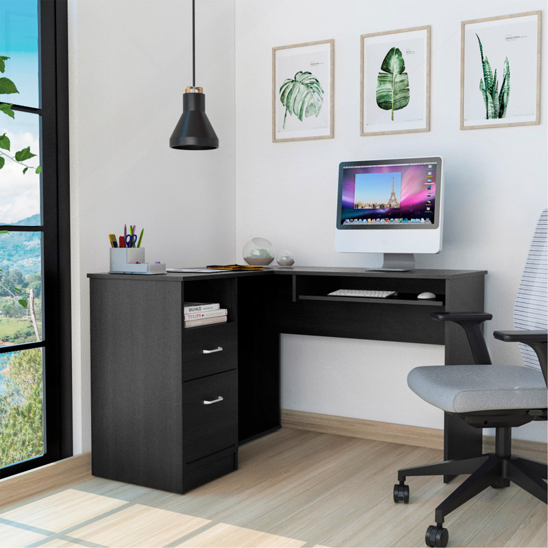 Bureau en L Bradford, tablette à clavier, finition noire, Noir