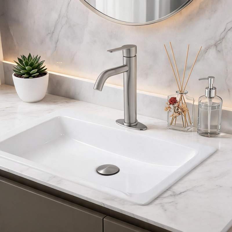 Robinet pour salle de bain à poignée simple en nickel brossé avec bonde escamotable