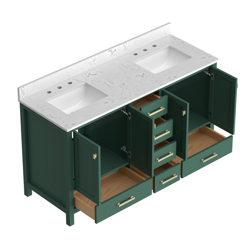 Meuble-lavabo 60 po, meuble-lavabo avec cadre en bois massif, comptoir de meuble-lavabo autoportant avec double vasque, Vert