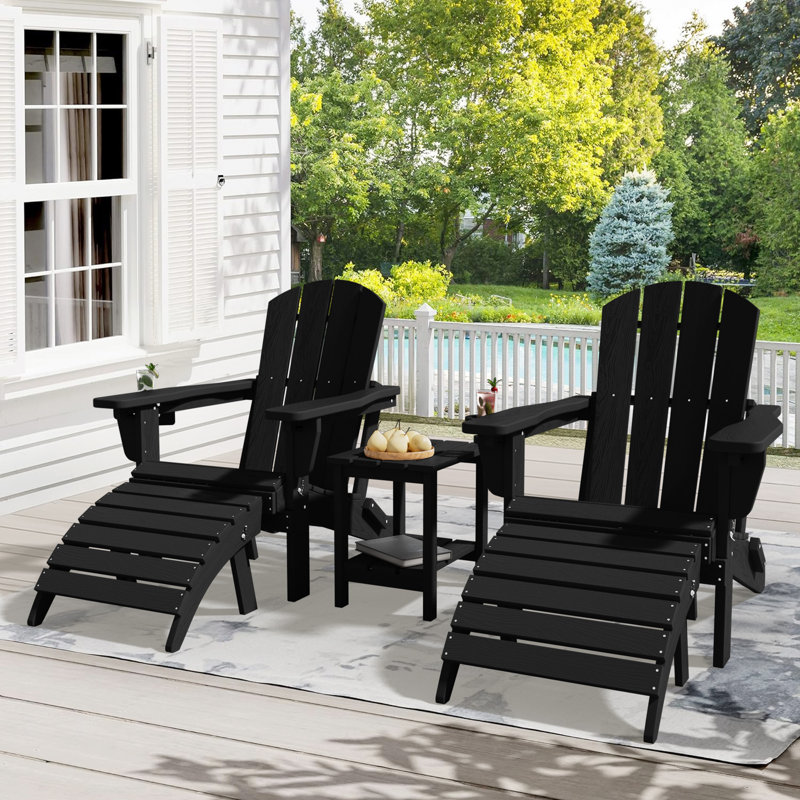 Dalson 5-Piece Plastic Adirondack Chair with Side Table and Ottomans, Black