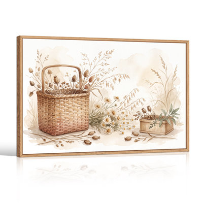 Woven Basket With Dried Flowers And Daisies Watercolor Art Canvas Wall Art