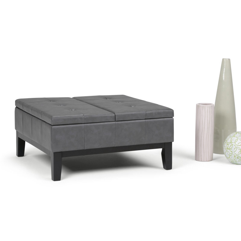Stone Gray Faux Leather Tufted Square Cocktail Ottoman with Storage