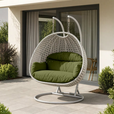 Fauteuil d'œuf d'extérieur en osier pour 2 personnes avec support et coussins Mendoza - Double balancelle suspendue résistante aux rayons UV pour patio et jardin