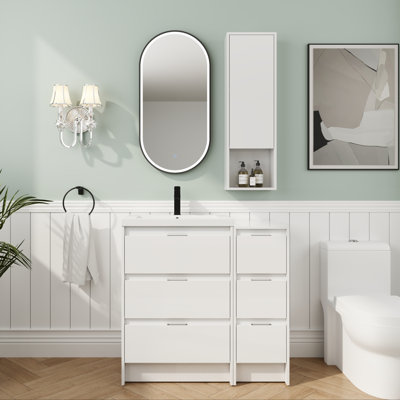 Ensemble de meuble-lavabo 36 "avec lavabo en résine - Armoire murale et tiroirs à fermeture douce