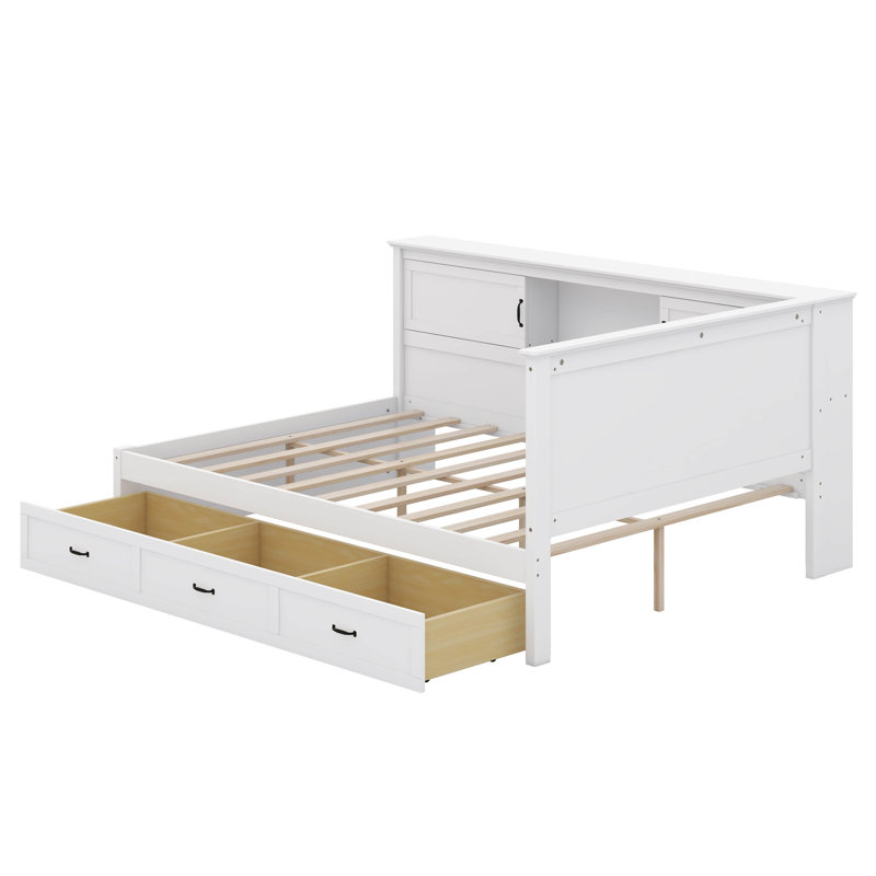 Lit de coin en bois avec lit à DEL et port USB pour petite pièce, Double, White/Natural