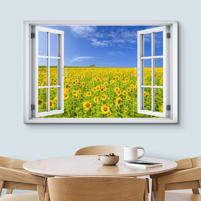 Fenêtre de paysage «Window View Spring Yellow Sunflower Country Field Nature Scenic Landscape» sur toile, H 24 po x l 36 po