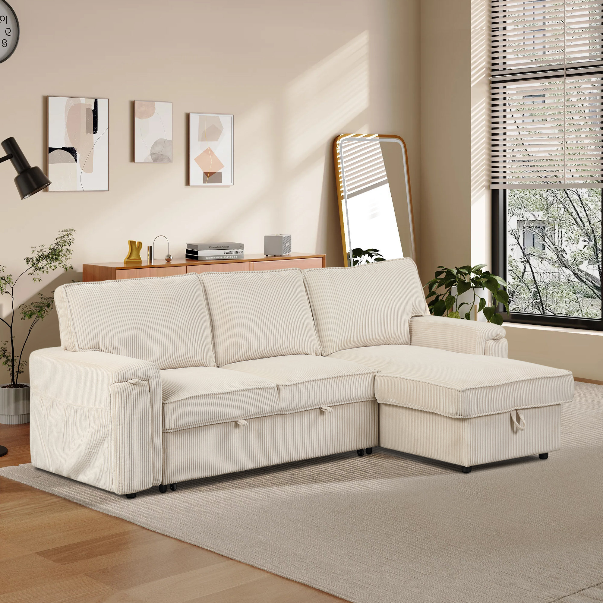Latitude Run® 96" Corduroy Reversible Sectional Sofa Couch Sleeper Bed ...