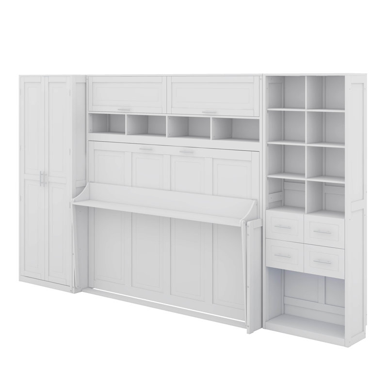 Grand lit escamotable avec placard, tiroirs et tablettes, Blanc, Grand lit