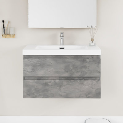 Armoire de salle de bain murale simple de couleur gris pierre 36 po | Bassin en résine intégré | Tiroirs à double couche | Rail silencieux à fermeture en douceur