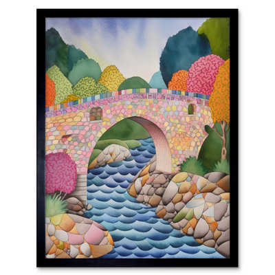 Modern Folk Art Countryside Bridge Artwork Framed Wall Art Print 9X7 Inch