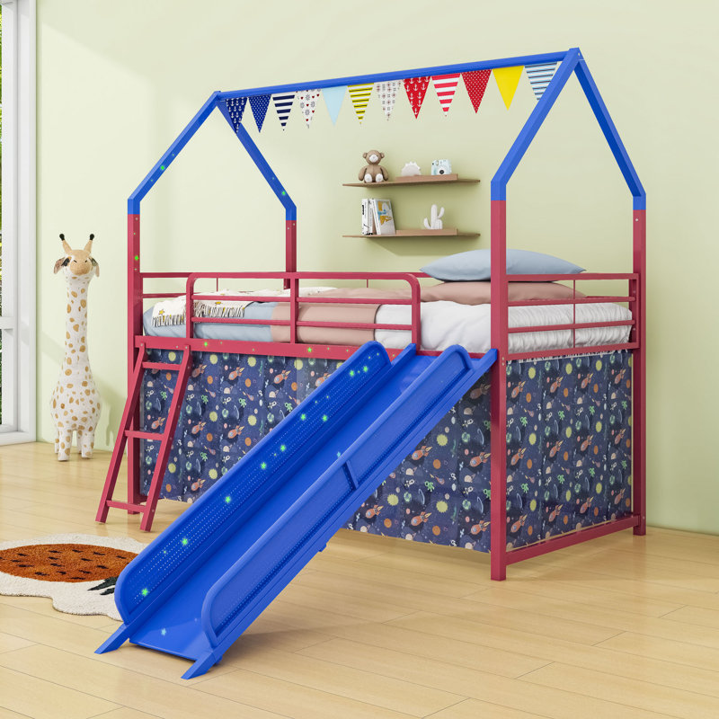 Twin Metal Loft Bed With Curtain, Slide And Ladder, Red/Blue
