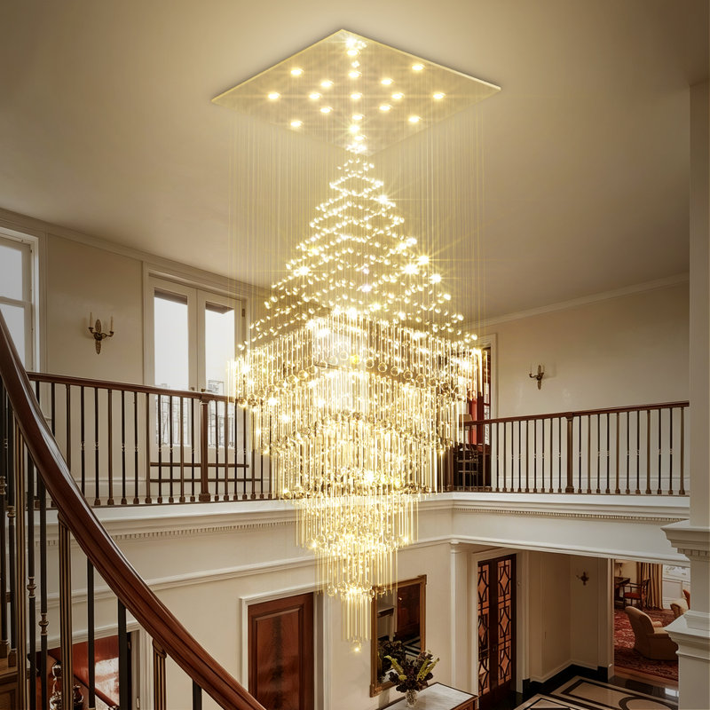 Lustre carré à 6 niveaux en forme de goutte d'eau, 122 cm de diamètre x 305 cm de hauteur, DEL à intensité variable 3000K-6000K
