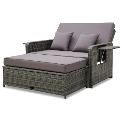 Wicker Loveseat Sofa Set Patio Rattan Daybed With Ottoman & Retractable Side Tray by Latitude Run